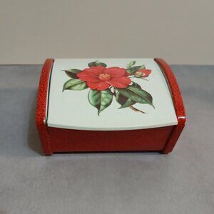 Mid-Century Enamel Keepsake Box Red Rose of Winter Floral Design-England